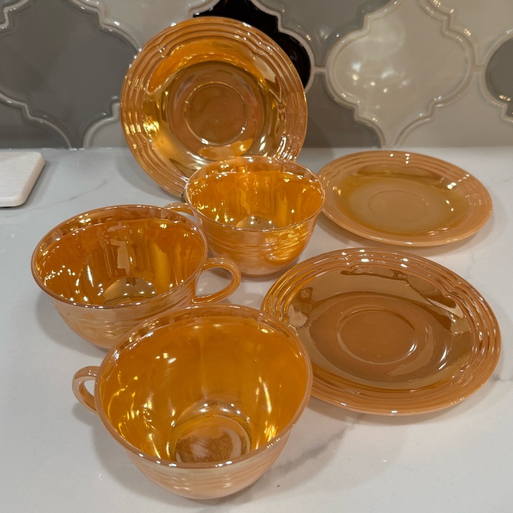 Vintage Fire-King Peach Lustre Teacups & Saucers – Set of 3